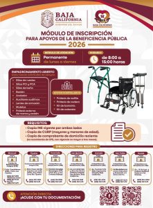 Módulo de inscripción 2026 para apoyos de la Beneficencia Pública en Baja California con información de horarios, requisitos y tipos de apoyos disponibles como sillas de ruedas, prótesis y auxiliares auditivos.