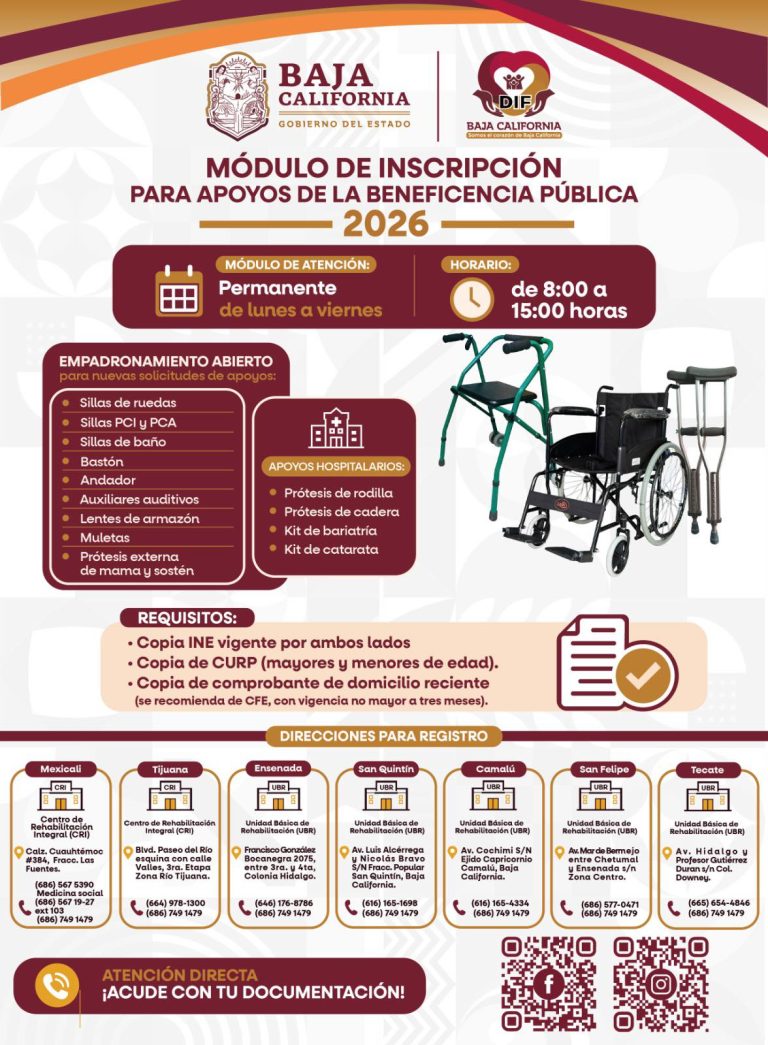 Módulo de inscripción 2026 para apoyos de la Beneficencia Pública en Baja California con información de horarios, requisitos y tipos de apoyos disponibles como sillas de ruedas, prótesis y auxiliares auditivos.