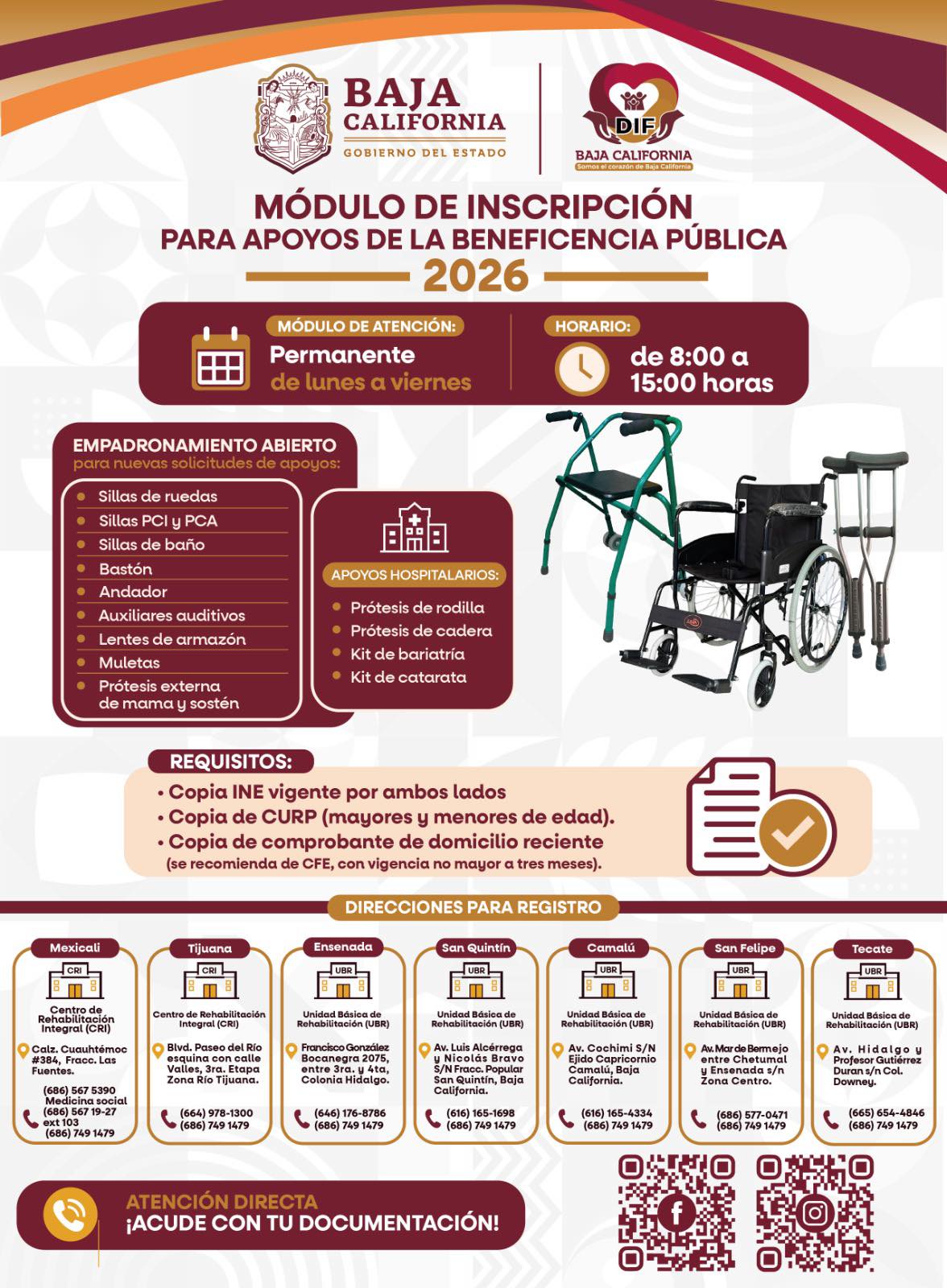Módulo de inscripción 2026 para apoyos de la Beneficencia Pública en Baja California con información de horarios, requisitos y tipos de apoyos disponibles como sillas de ruedas, prótesis y auxiliares auditivos.