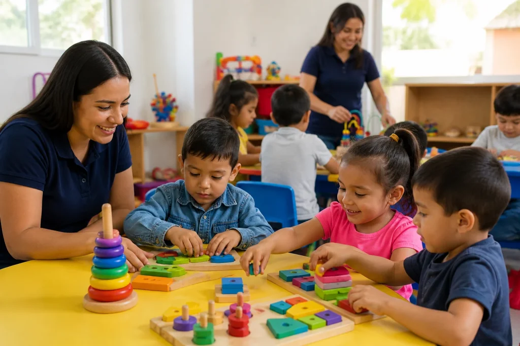 Niños participando en juegos didácticos en espacio educativo seguro con cuidadores en Baja California Sur