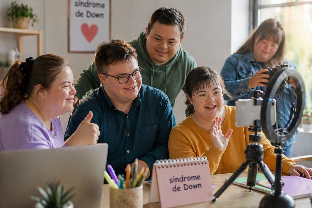 Grupo de adultos con síndrome de Down creando contenido para redes sociales en un espacio moderno e inclusivo