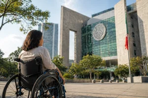 Mujer en silla de ruedas observa edificio gubernamental en Ciudad de México, representando autonomía, inclusión y derechos de personas con discapacidad.
