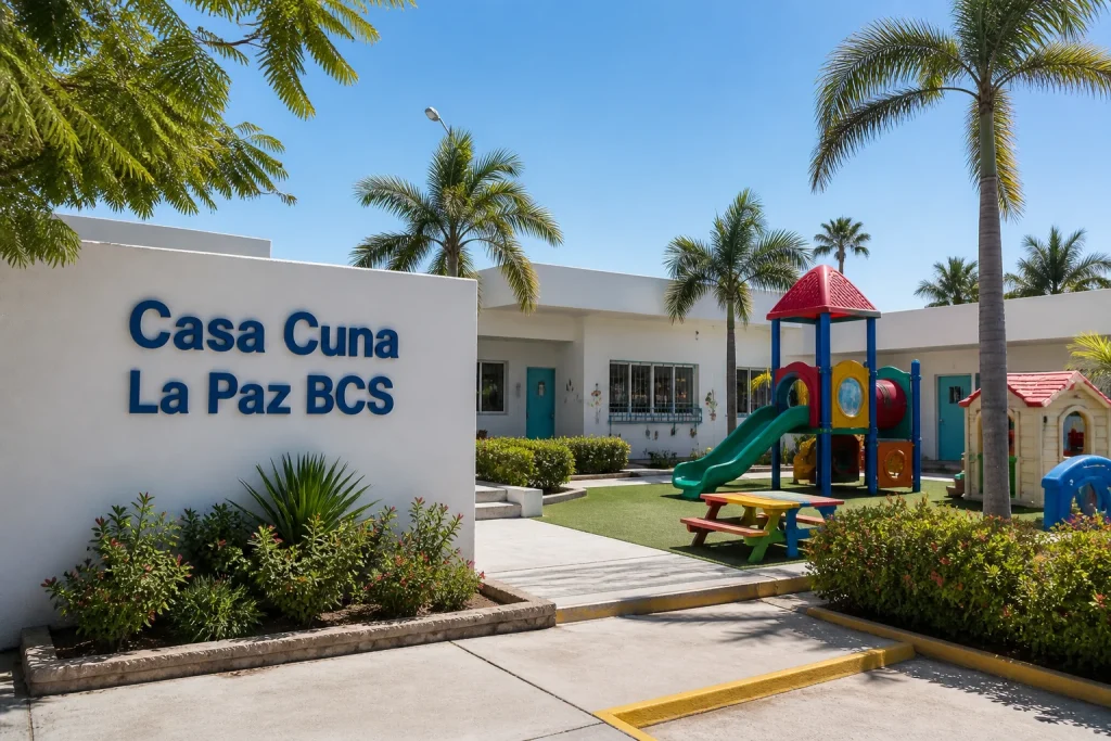 Instalaciones exteriores de Casa Cuna La Paz BCS con área de juegos infantil y entorno seguro