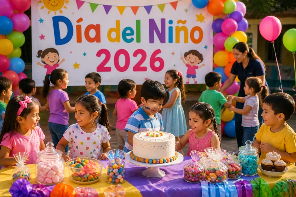 Celebración del Día del Niño 2026 con pastel y actividades recreativas para niños en entorno seguro