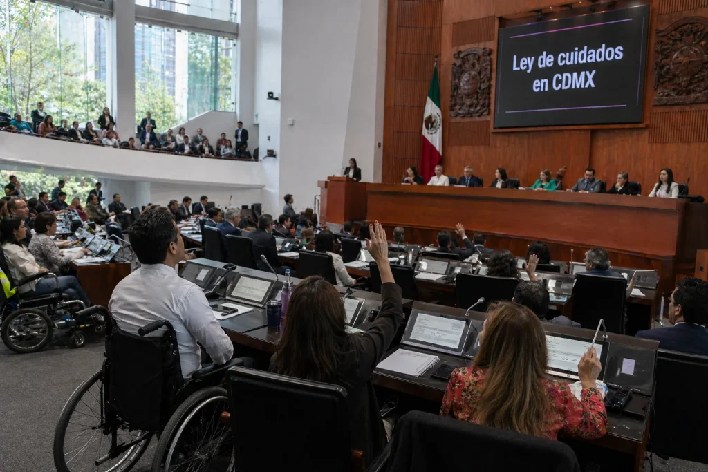 Sesión legislativa en Ciudad de México con diputadas y diputados debatiendo la ley de cuidados, con presencia de personas con discapacidad en el recinto.