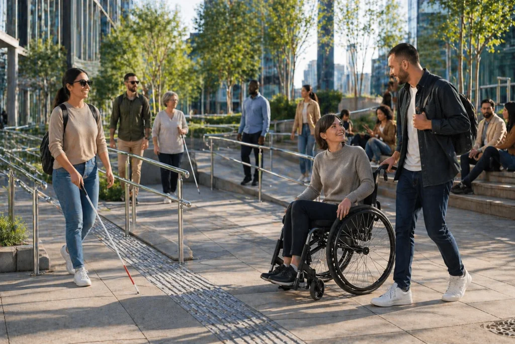 Espacio público moderno con personas adultas diversas, usuario de silla de ruedas y persona con bastón blanco desplazándose en zona urbana accesible.
