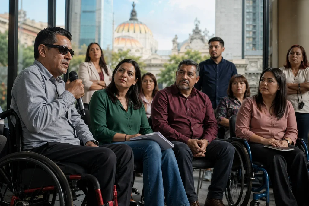 Personas adultas con discapacidad y cuidadores participando en un foro ciudadano en Ciudad de México, debatiendo sobre inclusión y políticas públicas en un entorno institucional.