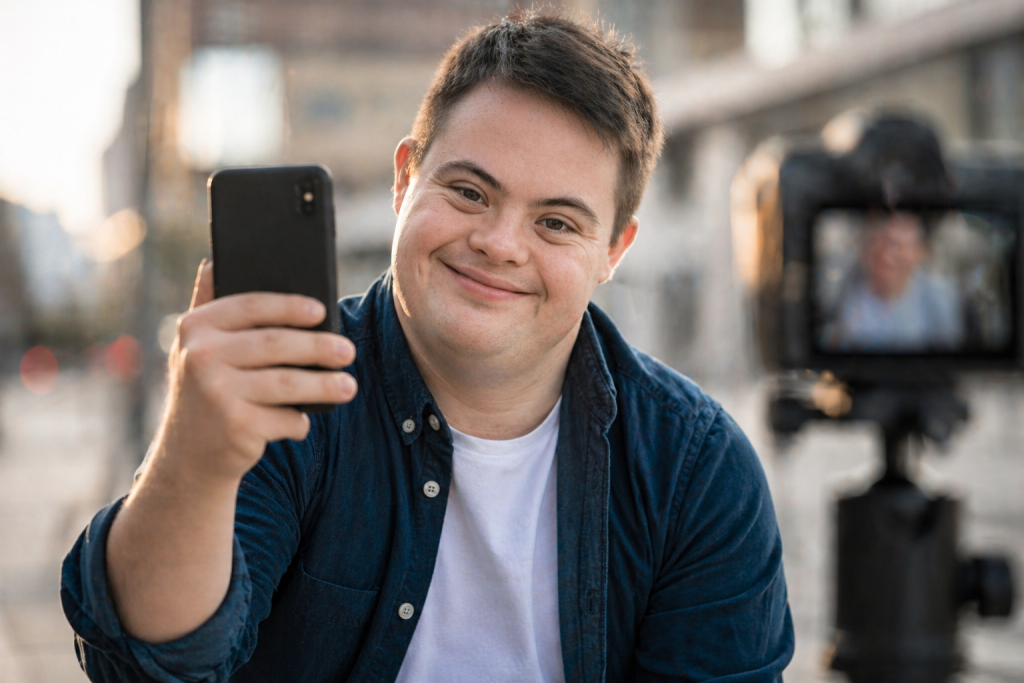 Hombre adulto con síndrome de Down grabando video con smartphone en primer plano con fondo urbano desenfocado