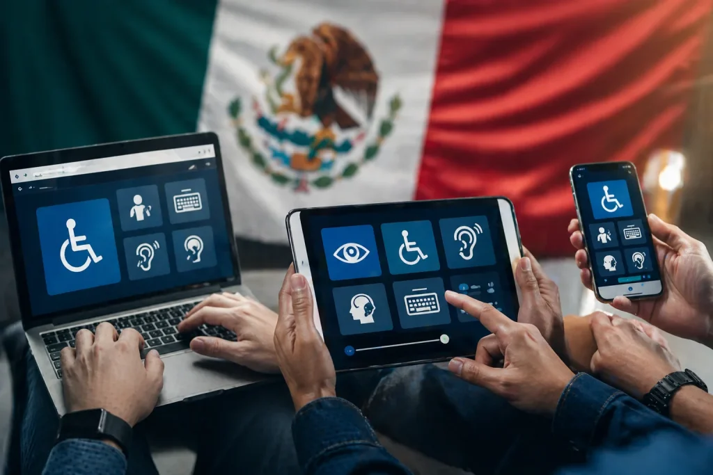 Dispositivos digitales con interfaces accesibles y símbolos de discapacidad frente a bandera de México