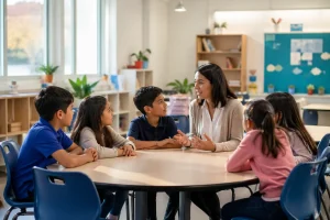 Maestra conversa con grupo de estudiantes en aula moderna e inclusiva durante actividad escolar en La Paz Baja California Sur.