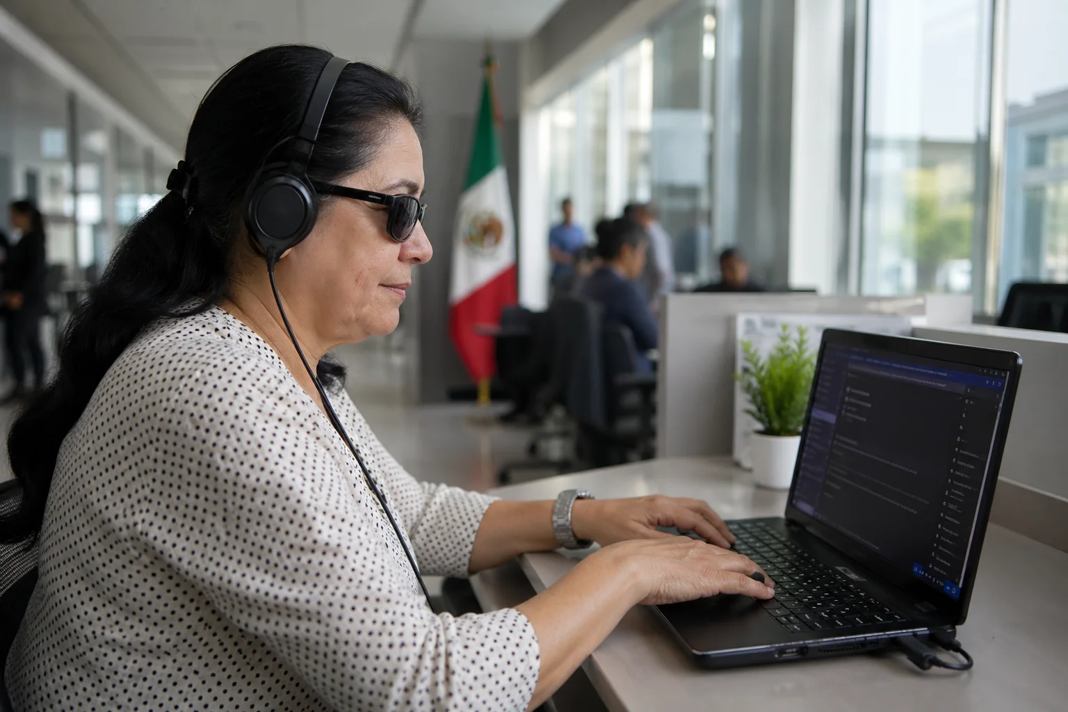 Mujer adulta usando computadora portátil con lector de pantalla en oficina pública de México