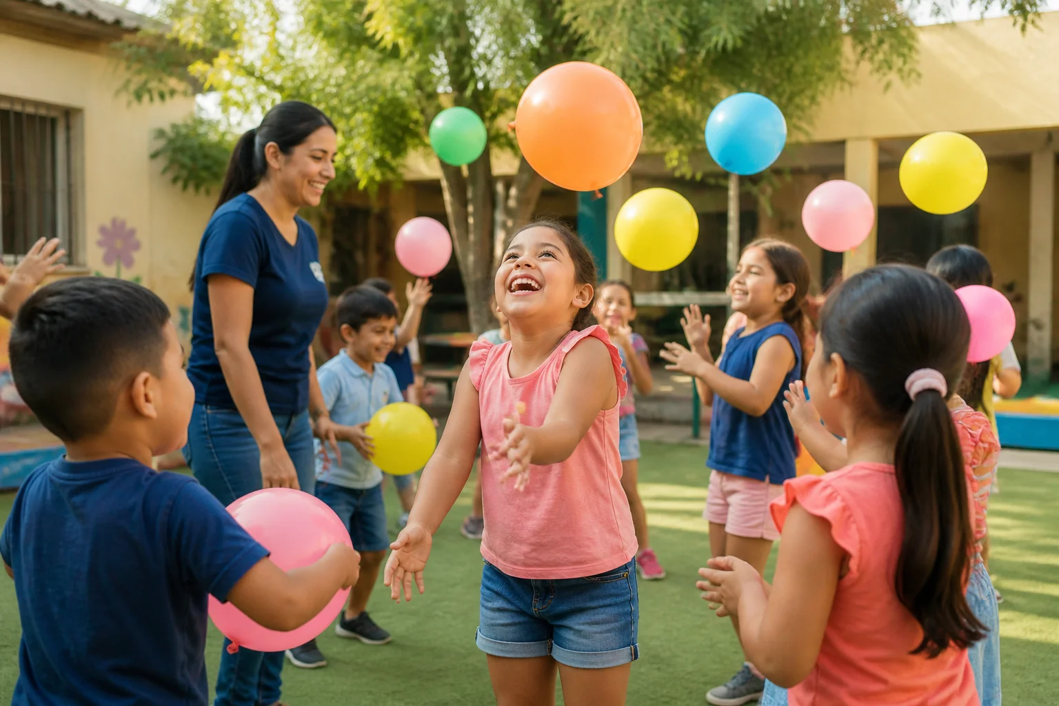 Niñas y niños jugando con globos en patio de casa hogar en La Paz Baja California Sur con supervisión adulta