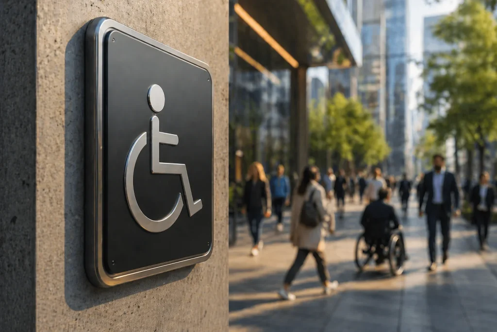 Primer plano de símbolo moderno de accesibilidad en pared urbana con peatones desenfocados caminando en ciudad cosmopolita.