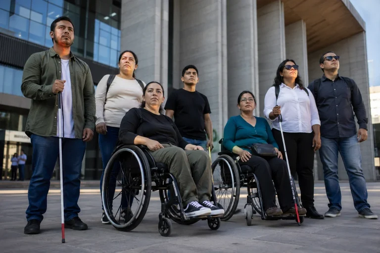 Grupo diverso de personas adultas con discapacidad frente a edificio institucional en México, incluyendo usuarios de silla de ruedas y personas con bastón blanco, en escena de exigencia de derechos humanos.