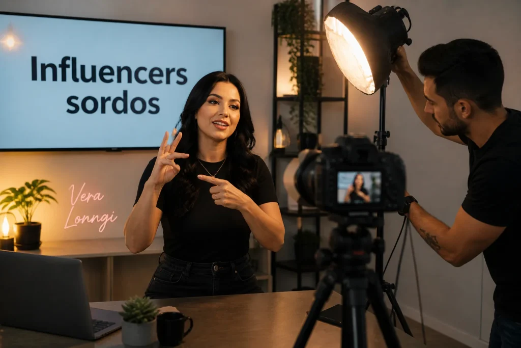 Influencer sordo explicando lengua de señas en estudio con equipo de grabación y texto influencers sordos en pantalla