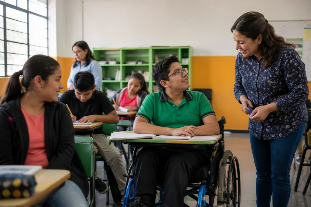 ¿Qué son las escaras y por qué tienen el poder de poner en riesgo la vida? | Iniciativa +1 12 Estudiante en silla de ruedas participando activamente en una clase inclusiva en México.