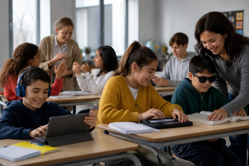 Docentes y estudiantes con discapacidad visual, auditiva y neurodivergencia participando activamente en un entorno escolar inclusivo.