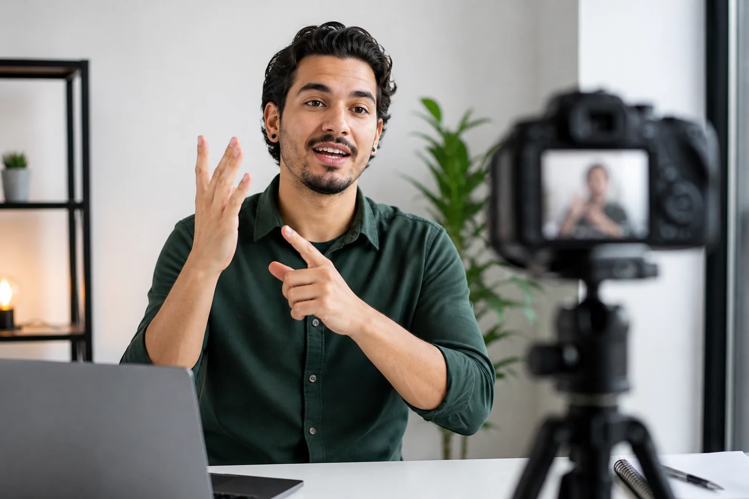 Creador de contenido sordo grabando video educativo en lengua de señas en estudio moderno con cámara