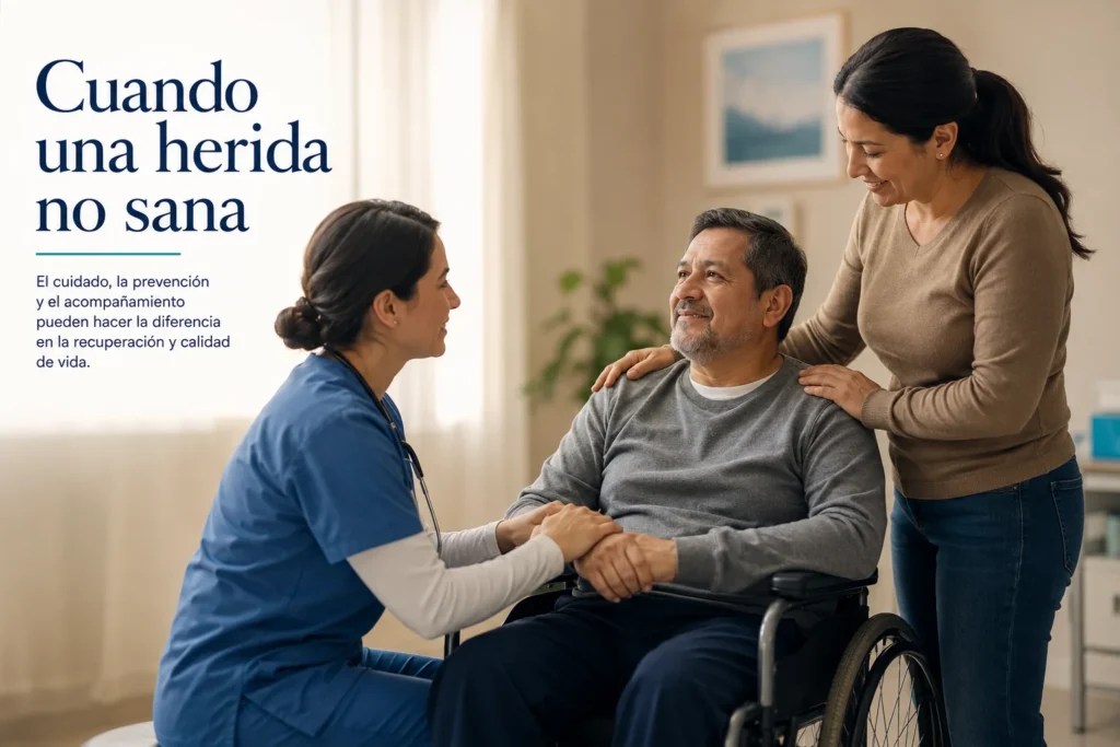 ¿Qué son las escaras y por qué tienen el poder de poner en riesgo la vida? | Iniciativa +1 14 Paciente recibiendo acompañamiento médico y apoyo familiar durante recuperación física.