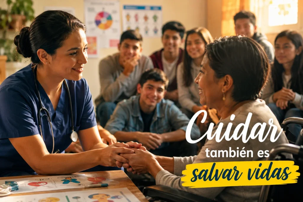 Enfermera sostiene la mano de una persona mientras estudiantes observan una actividad educativa sobre salud e inclusión.