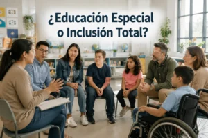 Familias, docentes y estudiantes dialogando sobre educación especial e inclusión total en una escuela moderna.