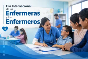 Personal de enfermería orienta a estudiantes y familias en un espacio educativo inclusivo durante el Día Internacional de las Enfermeras y los Enfermeros.