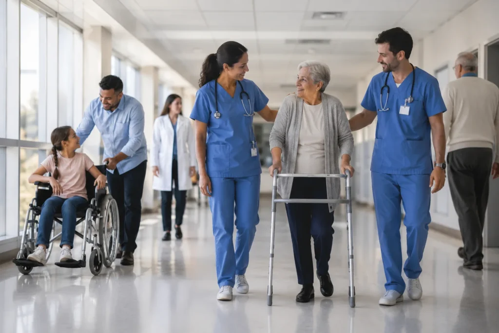 Enfermera y enfermero acompañan a personas de distintas edades y condiciones físicas en un hospital moderno durante el Día Internacional de las Enfermeras y los Enfermeros.