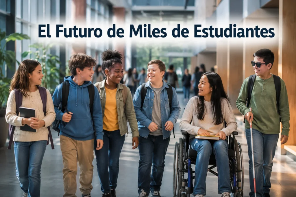 ¿Educación Especial o Inclusión? Grupo de estudiantes diversos caminando juntos dentro de una escuela inclusiva contemporánea.