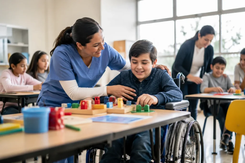 Enfermera apoya a un estudiante con discapacidad dentro de un aula inclusiva mientras docentes y alumnos participan en actividades educativas.