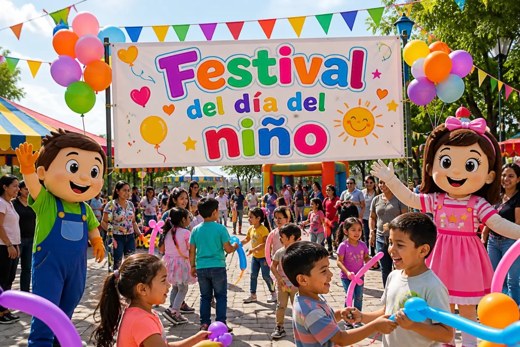 Niñas y niños jugando en festival del día del niño con globos, decoración colorida y familias en un evento comunitario al aire libre en México