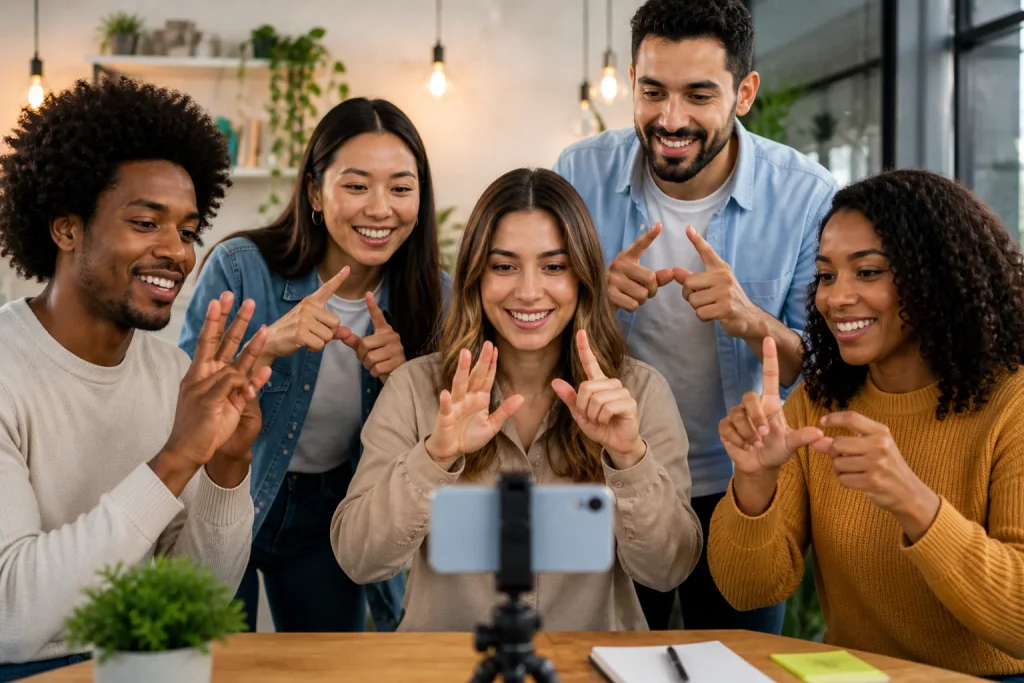 Grupo de adultos aprendiendo lenguaje de señas frente a smartphone en ambiente colaborativo inclusivo