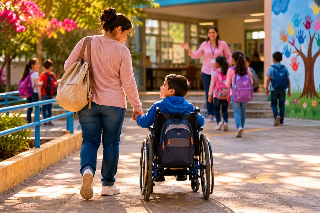El celoso estrés en cuidadores de personas con discapacidad: la crisis silenciosa que también afecta el aprendizaje y la inclusión 13 Madre caminando junto a un niño con discapacidad hacia una escuela inclusiva en México durante la mañana.