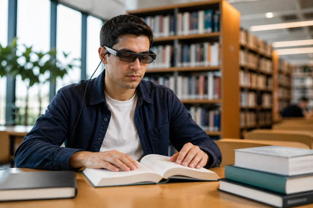 Persona con discapacidad visual usando lentes inteligentes leyendo libro en biblioteca moderna