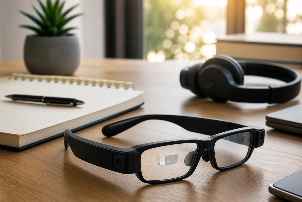 Lentes inteligentes de inteligencia artificial sobre mesa de estudio con cuaderno y audífonos en entorno moderno