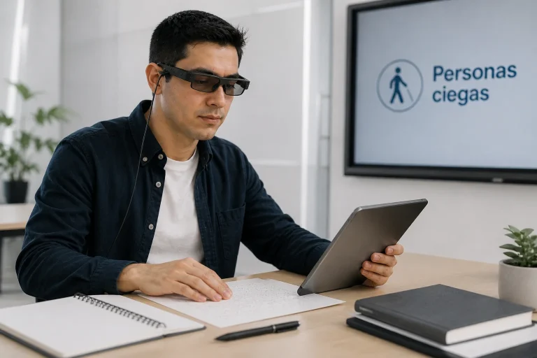 Personas ciegas. Adulto con discapacidad visual usando lentes inteligentes y tablet en entorno educativo moderno