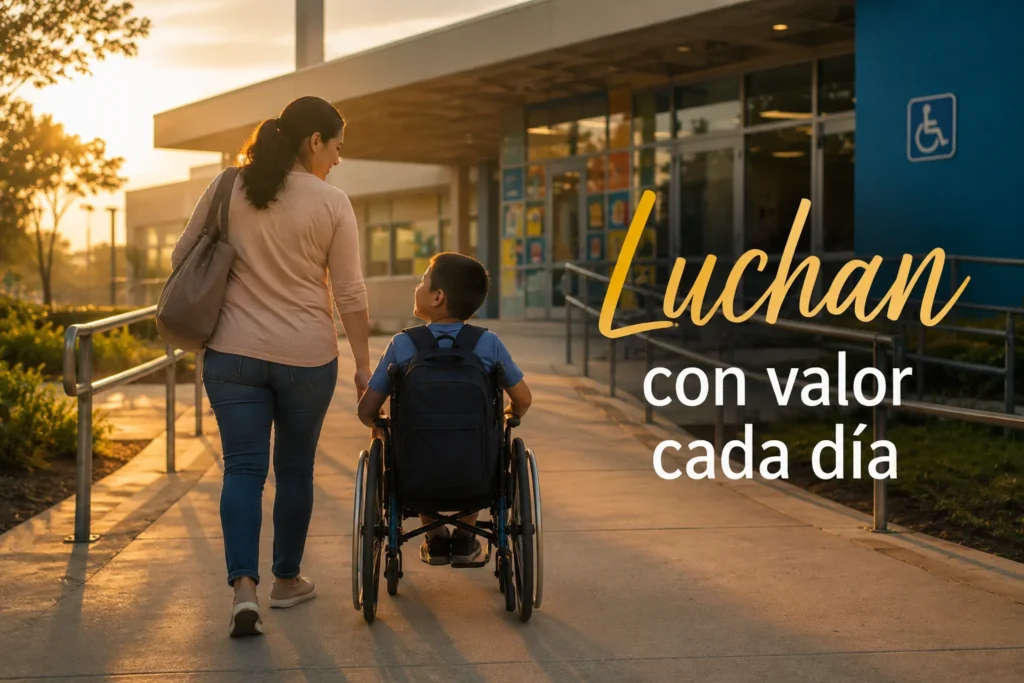 Madres que no solo crían. Madre caminando junto a su hijo con discapacidad frente a una escuela inclusiva al amanecer.