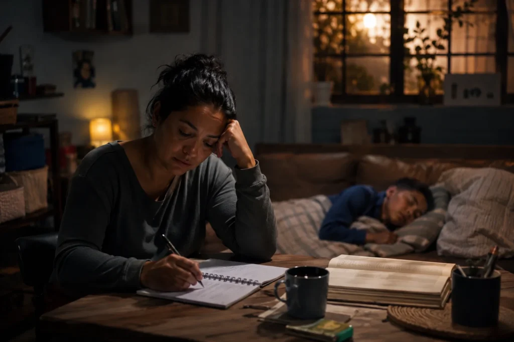 El celoso estrés en cuidadores de personas con discapacidad: la crisis silenciosa que también afecta el aprendizaje y la inclusión 11 Madre cuidadora agotada trabajando de madrugada en una mesa mientras acompaña a su hijo con discapacidad dormido en el sofá de su hogar.