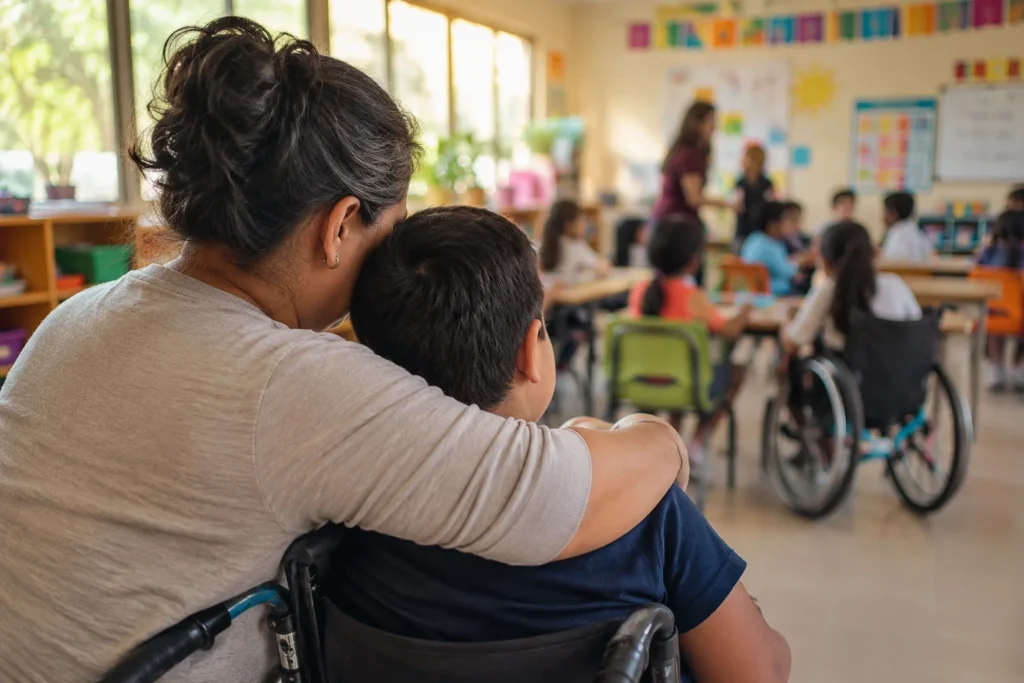 Madre mexicana abrazando a su hijo con discapacidad mientras observan un aula inclusiva dentro de una escuela accesible.