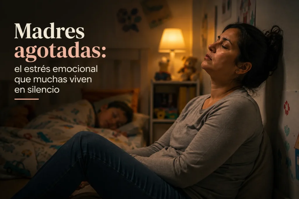 El celoso estrés en cuidadores de personas con discapacidad: la crisis silenciosa que también afecta el aprendizaje y la inclusión 14 Mujer cuidadora cansada tocando su cuello y cabeza mientras organiza medicamentos y materiales terapéuticos sobre una mesa.