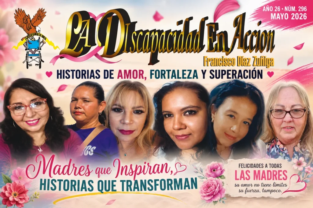 Collage artístico de madres inspiradoras con mensaje de amor, fortaleza y superación en comunidad de discapacidad e inclusión.