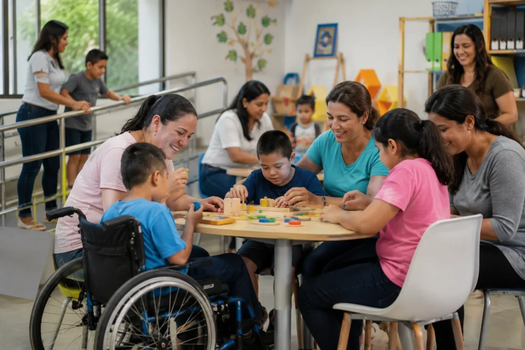 Grupo diverso de madres y niños con discapacidad participando en actividades dentro de un entorno educativo inclusivo.