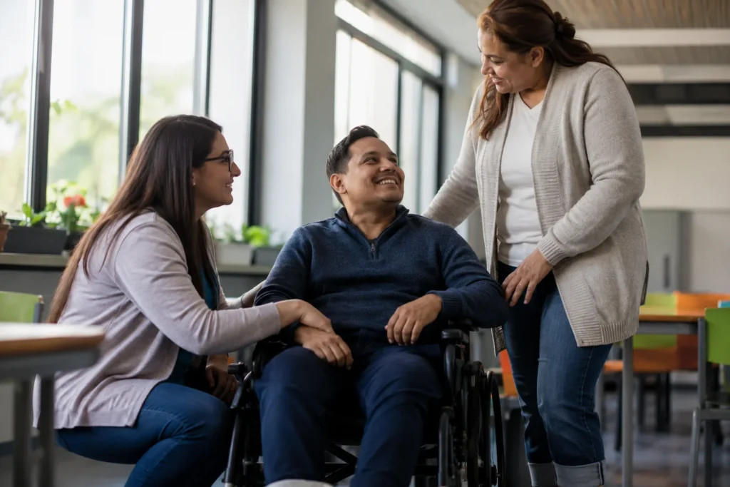 ¿Qué son las escaras y por qué tienen el poder de poner en riesgo la vida? | Iniciativa +1 11 Persona adulta con discapacidad motriz en silla de ruedas acompañada por una maestra y un familiar en un aula inclusiva moderna.