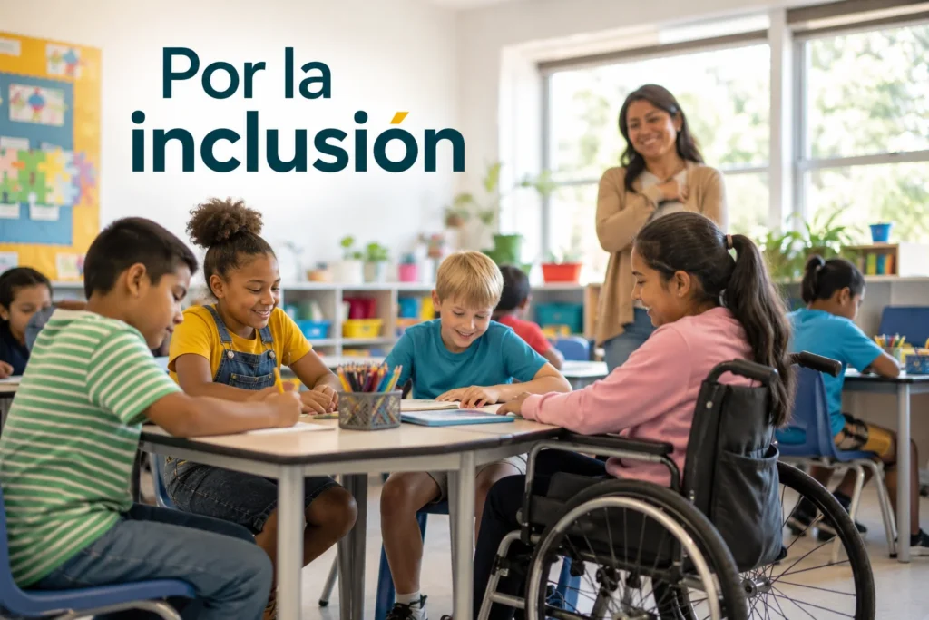 Estudiantes diversos aprendiendo juntos en un salón inclusivo mientras una madre observa emocionada al fondo.