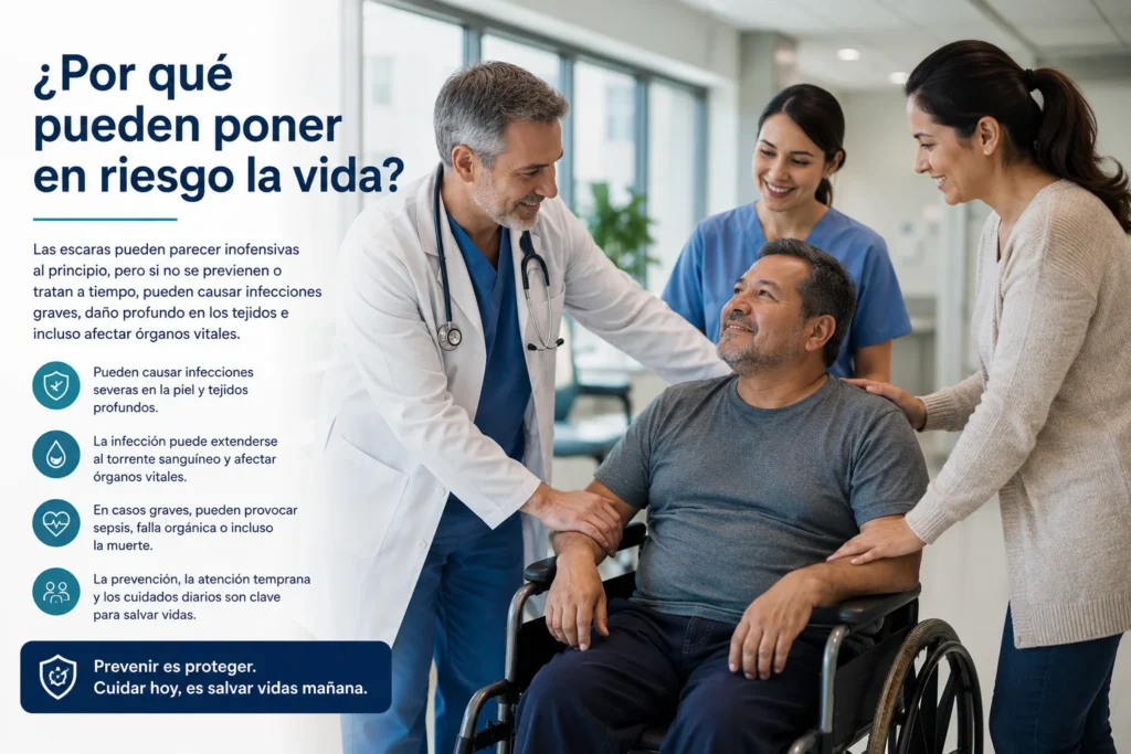 ¿Qué son las escaras y por qué tienen el poder de poner en riesgo la vida? | Iniciativa +1 13 Qué son las escaras. Médicos y familiares acompañando a una persona con movilidad reducida en un hospital moderno.