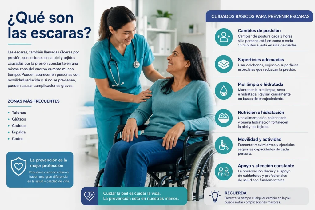 ¿Qué son las escaras y por qué tienen el poder de poner en riesgo la vida? | Iniciativa +1 10 Qué son las escaras. Profesional de salud orientando a una persona en silla de ruedas sobre prevención de escaras y cuidados posturales.