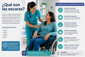 Qué son las escaras. Profesional de salud orientando a una persona en silla de ruedas sobre prevención de escaras y cuidados posturales.