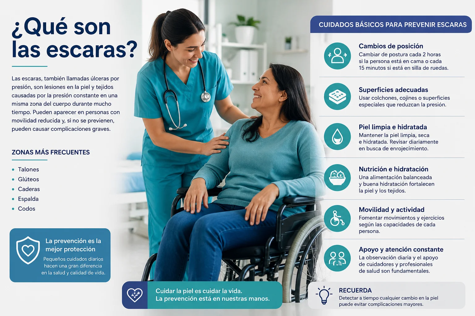 ¿Qué son las escaras y por qué tienen el poder de poner en riesgo la vida? | Iniciativa +1 10 Qué son las escaras. Profesional de salud orientando a una persona en silla de ruedas sobre prevención de escaras y cuidados posturales.